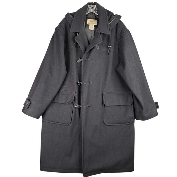 LL Bean Duffle Coat Mens L Large Navy Blue Wool Toggle Jacket Hood Vintage - Picture 2 of 10
